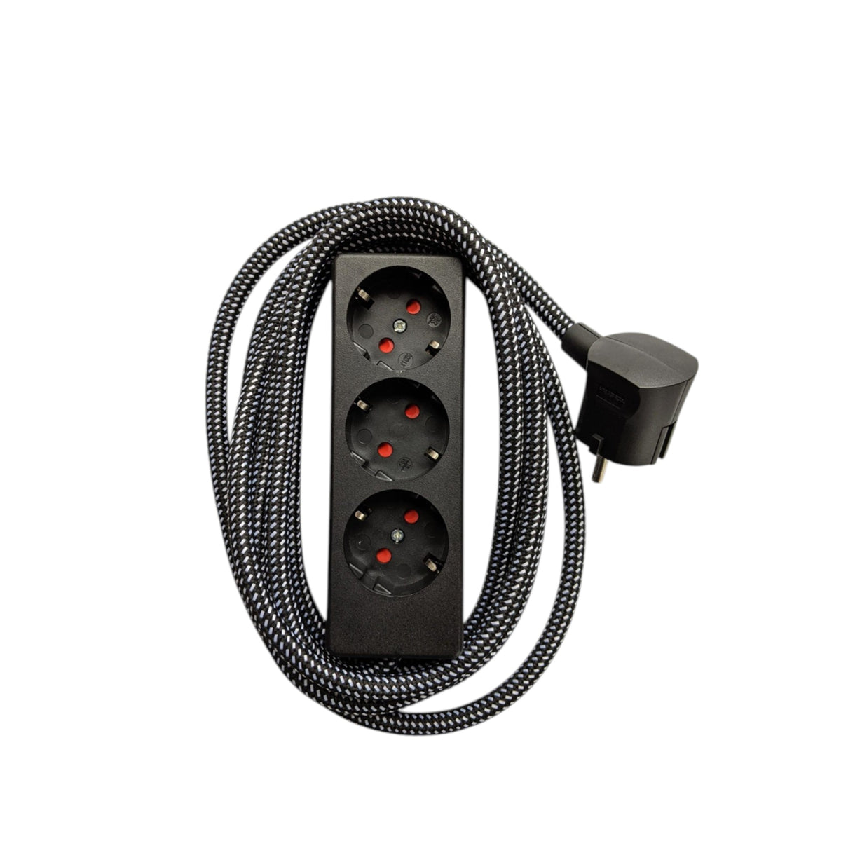 Njustudio 3fach Steckerleiste Stromer schwarz mit farbigem Textilkabel